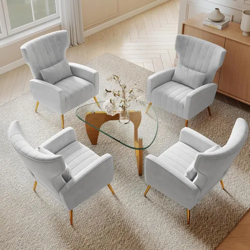 Miniatura 20 de Nebuaegis Silla decorativa de terciopelo con respaldo alado para sala de estar, sillón de respaldo alto con patas doradas, almohada lumbar, sofá