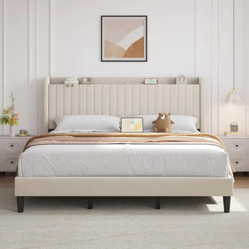 Miniatura 14 de Yaheetech Twin Platform Bed Frame, Upholstered Wing Side Headboard with USB Charging Station and Storage Shelf, Wooden Slat Support, Noise Free, No