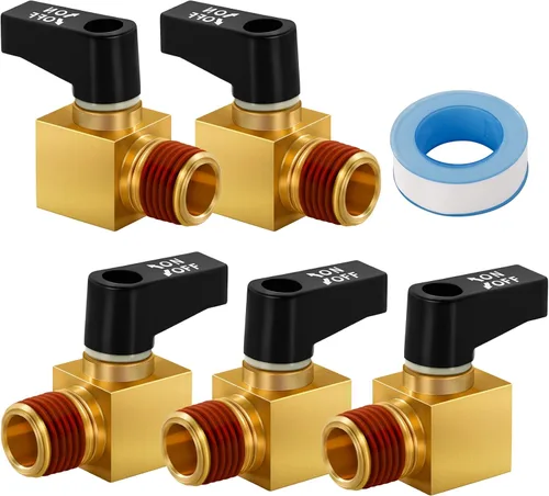 SUNROAD - Paquete de 5 válvulas de drenaje de bola de latón mini válvula de bola, 1/4 pulgadas NPT macho para compresor de aire con cinta de sellado