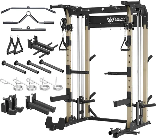 MAJOR FITNESS F22 Power Rack, 1600lbs - Estante para sentadillas todo en uno con sistema de polea doble, marco de acero resistente, accesorios y