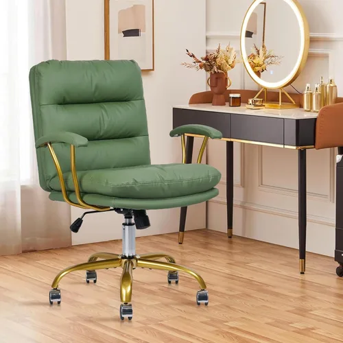 Miniatura 5 de KLASIKA Silla de escritorio de cuero para oficina en casa, silla de tocador con respaldo medio, silla de maquillaje con ruedas doradas y Verde