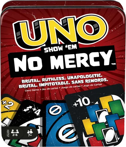 Mattel Games UNO Show 'em No Mercy - Juego de cartas en lata de almacenamiento y viaje para niños, adultos y noche familiar con tarjetas