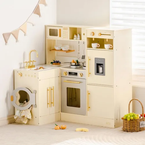 ROBUD Juego de cocina de madera, cocina de esquina con estilo todo en uno y combinación, juego de cocina para niños con refrigerador, juego de