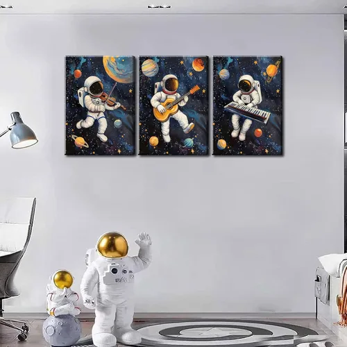 Miniatura 5 de 3 piezas de arte de pared de astronauta espacial musiic lienzo lindo astronauta músico decoración imágenes divertidas piano guitarra violín carteles