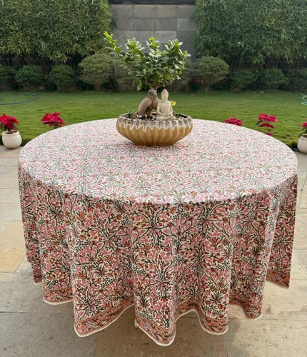 Miniatura 23 de Ridhi Mantel redondo con estampado de bloque a mano, 100% algodón, reutilizable, color rosa flamenco, de 60 pulgadas, mantel decorativo para uso