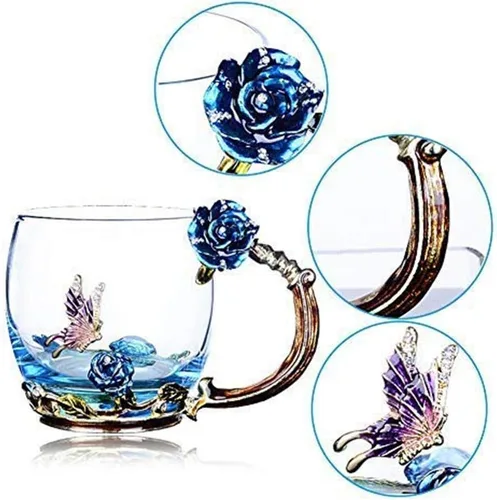 Miniatura 3 de Taza de té, regalos del día de la madre, tazas de café, tazas de café de cristal, tazas de té, hechas a mano, mariposa rosa, 12 onzas (azul) ideal