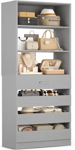 Miniatura 10 de Aheaplus Sistema de armario de 54 cm con 4 cajones, organizador de armario de madera con estantes abiertos, sistema de cajones modular en torre