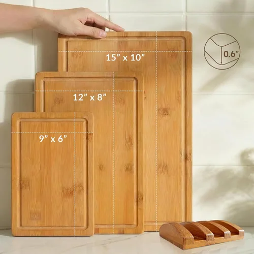 Miniatura 3 de Vietnam - Juego de 3 tablas de cortar de bambú carbonizado con soporte, tablas reversibles no tóxicas con ranura para jugos, acabado liso y pies