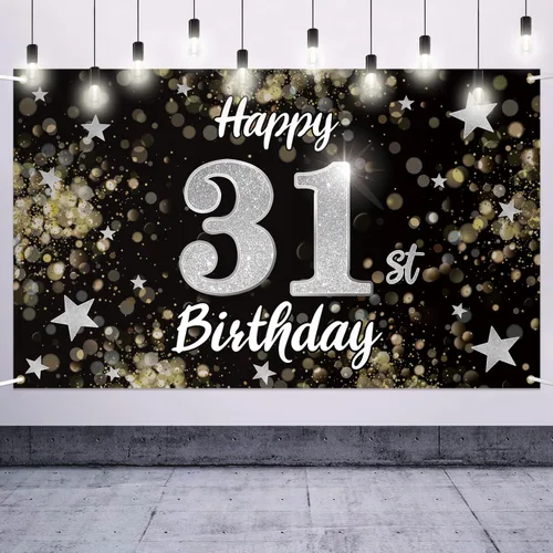 Miniatura 20 de Decoración de feliz cumpleaños 37, cartel grande de fondo de cumpleaños de 37 años con estrella de ensueño negro y plateado – Decoración de fiesta