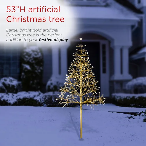 Miniatura 4 de Alpine Corporation Árbol de Navidad artificial festivo para interiores y exteriores de 53 pulgadas de alto con luces LED blancas cálidas, dorado