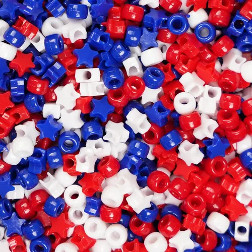 2400Pcs Red White and Blue Pony Beads (6x9mm), Plastic Independence Day Star Beads for DIY Crafts Making, 4th of July Large Hole Pony Beads Bulk,