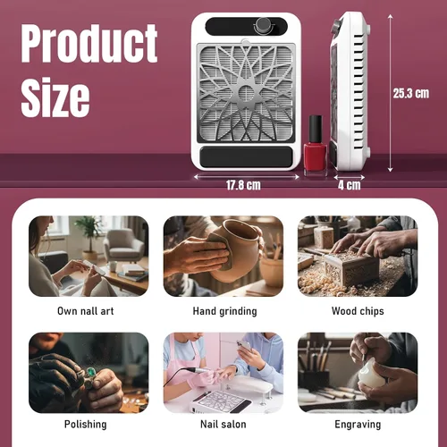 Miniatura 7 de Aspirador colector de polvo de uñas para técnicos de uñas – Potente succión, ventilador silencioso de 3 velocidades, filtro HEPA reutilizable