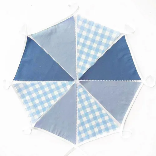 Miniatura 6 de 32 pies de decoraciones de fiesta azul polvoriento, banderines de tela en forma de triángulo retro azul a cuadros, bandera de guirnalda de Azul