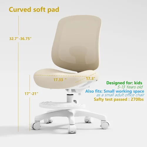 Miniatura 2 de Silla de escritorio, silla de estudio ergonómica para niños con soporte lumbar y reposapiés, altura ajustable, silla de oficina pequeña de malla