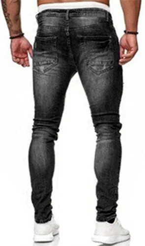 Miniatura 3 de HUNGSON Pantalones de mezclilla ajustados para hombre, elásticos, rasgados, rasgados, con rayas laterales