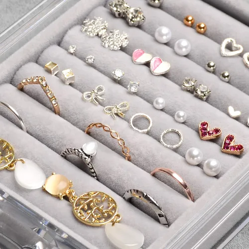 Miniatura 4 de Frebeauty Joyero de acrílico con 4 cajones, organizador de joyas transparente, anillos de terciopelo, collares, aretes, pulseras, vitrina, bandeja
