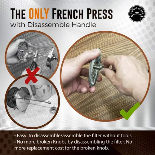 Miniatura 4 de EzDtach - Cafetera de prensa francesa de vidrio de 34 onzas de cobre, olla de vidrio de borosilicato de doble filtro con coffee press de acero