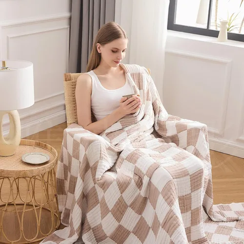 Miniatura 54 de EMME Manta de Muselina de Algodón King Grande Extragrande para Cama Colcha Cubrecama Beige Claro Gasa Transpirable Suave Ligera Mantas (120"x94")