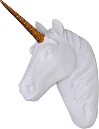 Cabeza de unicornio para montaje en pared, escultura de cabeza de unicornio blanca con cuerno de oro, cabeza de animal de resina sintética,