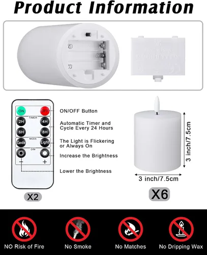 Miniatura 2 de VIHOSE Juego de 6 Velas Sin Llama Blancas con Control Remoto y Temporizador, Velas de Batería Parpadeantes, Velas LED de Tapa Plana para Decoración