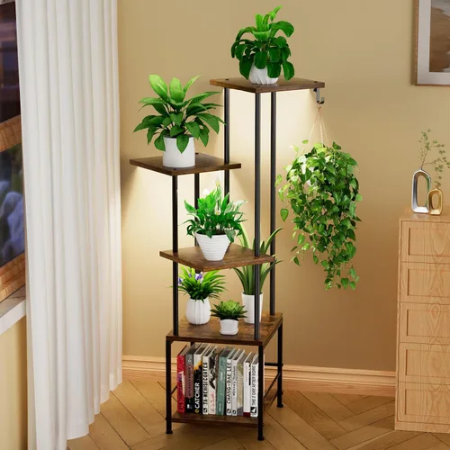Miniatura 14 de Homsorout Soporte para plantas de interior con luz de crecimiento, soporte alto para plantas de 5 niveles para interiores, estante de metal
