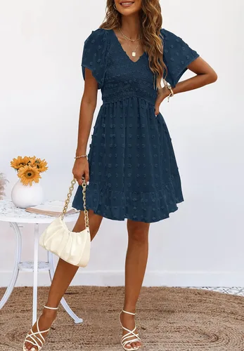 Miniatura 4 de TECREW Vestido corto de verano con cuello en V y manga corta fruncida para mujer