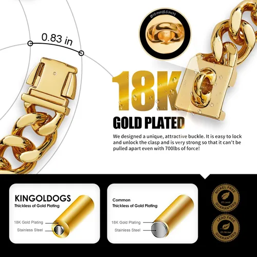 Miniatura 4 de Collar de cadena de oro para perro, collar de cadena de metal de 18 quilates, collar de perro con eslabones cubanos con diseño de hebilla segura
