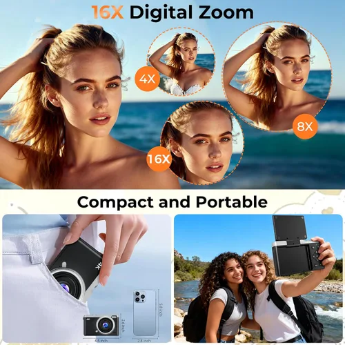 Miniatura 6 de MaxMango Cámara digital, cámara de vlogging de 64 MP y 2.4 pulgadas para principiantes, pantalla abatible de 180°, apunta y dispara, cámaras