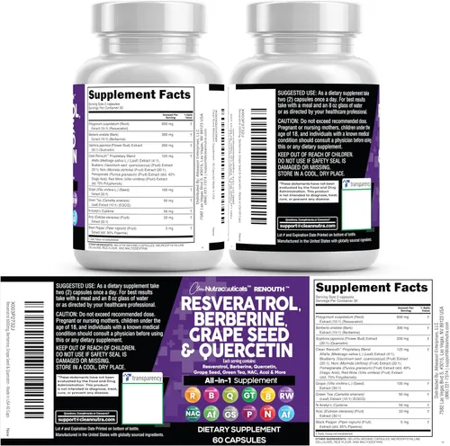 Miniatura 9 de Suplemento de Resveratrol Limpio Berberina Extracto de Semilla de Uva Quercetina Extracto de Té Verde Acai Noni Suplemento de Polifenoles