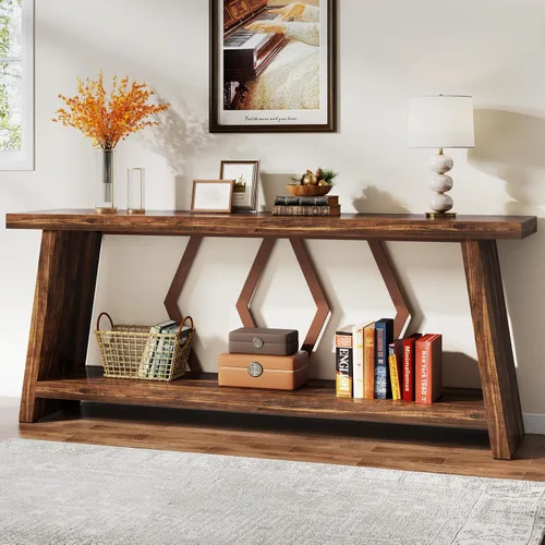 Miniatura 3 de Tribesigns Mesa consola de granja de 70.86 pulgadas, mesa de entrada de sofá largo industrial estrecha con almacenamiento, sofá de madera de 2 Marrón