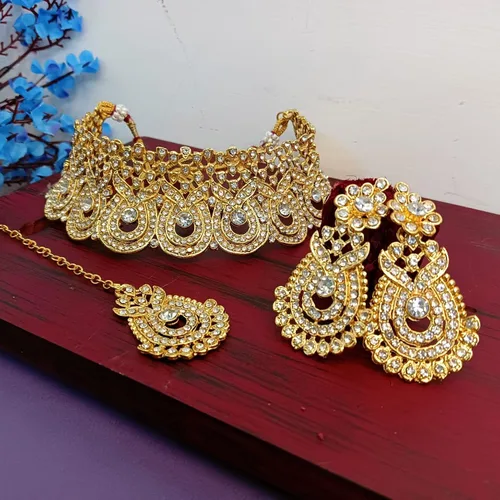 Miniatura 2 de Efulgenz Crystal Indian Jewelry Set Rhinestone Crystal Choker Necklace Earrings Maang Tikka Set Wedding Bollywood Bridal Jewelry Set for Women
