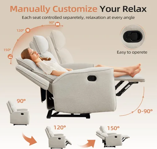 Miniatura 5 de INZOY Sillón reclinable manual de dos plazas, sofá reclinable de pared 2 asientos, juego de sofá reclinable de tela de chenilla, silla reclinable