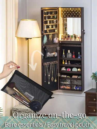 Miniatura 4 de Luxfurni - Joyero con espejo y 79 luces LED, gabinete para colgar en la pared o en la puerta, organizador con cerradura y cajones - Marrón