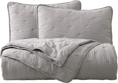 Chezmoi Collection Marie - Juego de edredón bordado de línea de 3 piezas, juego de colcha acolchada ligera de microfibra lavada suave (Queen, gris)