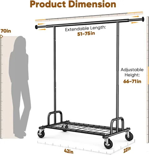 Miniatura 7 de HOKEEPER Perchero de Ropa Plegable Perchero de Ropa Plegable Capacidad 525 LBS Percheros de Ropa con Ruedas Resistente Perchero Rodante para Colgar