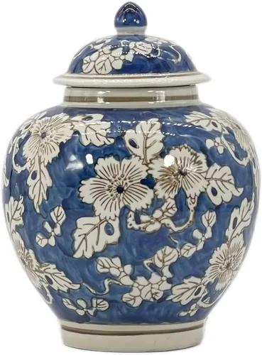 Galt International Tarro de jengibre chinoiserie de flores azules y blancas de 10 pulgadas con tapa, tarro de jengibre, almacenamiento de té,