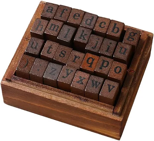 Miniatura 2 de DIYOMR Sellos de letras vintage, sellos de goma de madera, juego de 26 sellos del alfabeto con caja de madera vintage roja antigua para hacer