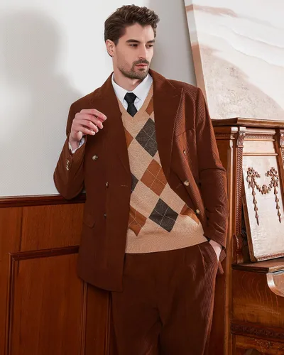 Miniatura 5 de Kallspin Suéter tipo chaleco con rombos para hombre, mezcla de lana, cuello en V, sin mangas