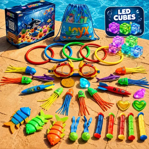 JoyX Juego de 35 juguetes de piscina de buceo para niños de 4 a 12 años, incluye cubos de luz LED, gafas, anillos, gemas y bandidos de Toypedo,