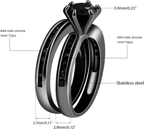 Miniatura 3 de Conjunto de canal solitario de circón negro anillo de compromiso de eternidad anillo de compromiso de 2 piezas para mujer conjuntos de anillos