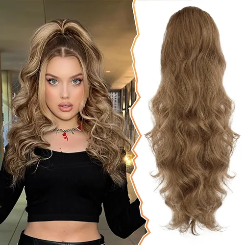 Miniatura 28 de BARSDAR Extensión de cola de caballo rojo burdeos, extensiones de cabello ondulado con cordón de 16 pulgadas para mujer, extensiones de cabello