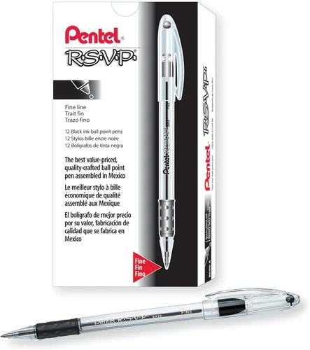 Pentel R.S.V.P. Bolígrafo, trazo medio, tinta azul, paquete de dos unidades (BK91BP2C), Negro