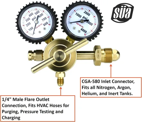 Miniatura 2 de SÜA - Regulador de gas nitrógeno 0-600 PSIG - Purga HVAC - Carga de presión - Conector de llamarada de 1/4" - Con manguera de carga de 60".