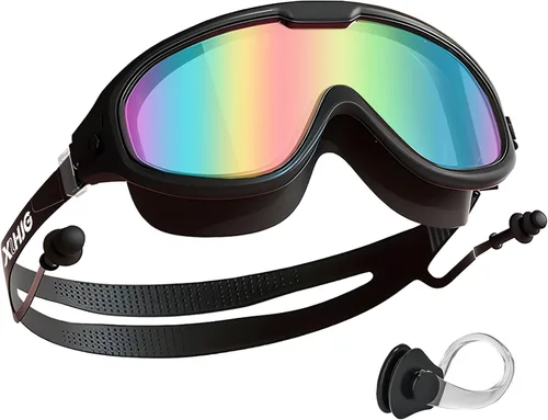 Gafas de natación para adultos para mujeres y hombres, sin fugas, sin niebla, visión amplia, gafas de sol con tapones para los oídos y clip para la