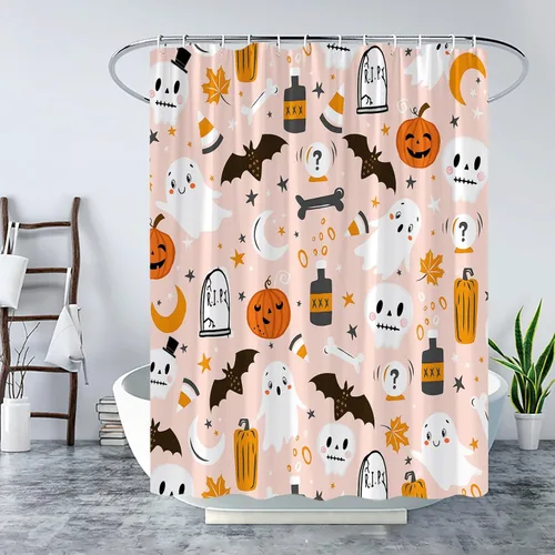 Miniatura 2 de Cortina de ducha de fantasma de Halloween, espeluznante calabaza rosa, murciélago, bruja, calavera, bohemio, gótico, alquimia, aterradora