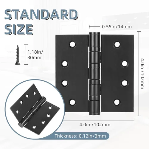 Miniatura 3 de Paquete de 6 bisagras de puerta de acero inoxidable de 4 pulgadas, bisagras de puerta resistentes de 4 x 4 pulgadas con esquinas cuadradas para Negro
