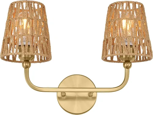 VL837-BG-RA-2 - Lámparas de baño de 2 luces, luces de ratán dorado cepillado, aplique de doble pared con pantalla tejida a mano acampanada, apliques