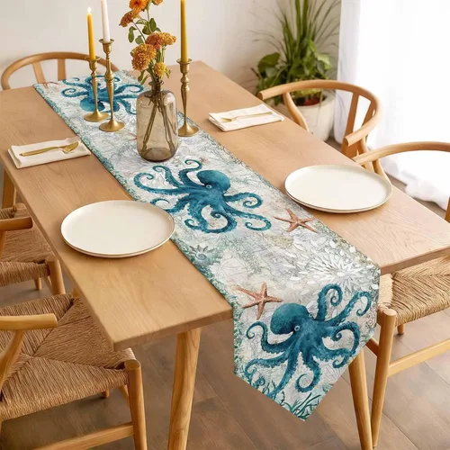 Miniatura 3 de Camino de mesa de verano pequeño de 13 x 36 pulgadas, acuarela azul, lino y algodón, pulpo de animales marinos, manteles retro con temática náutica