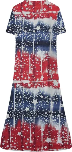 Miniatura 5 de perfectbot Dress for Women Independence Day Dress Summer American Flag Short Sleeve Pocket Crew Neck Flowy Midi Dresses