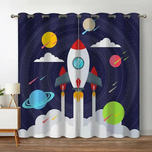 Miniatura 10 de Cortinas opacas con diseño de cohetes de dibujos animados para niñas y niños, decoración del hogar, aventura en el espacio, galaxia, planetas, azul